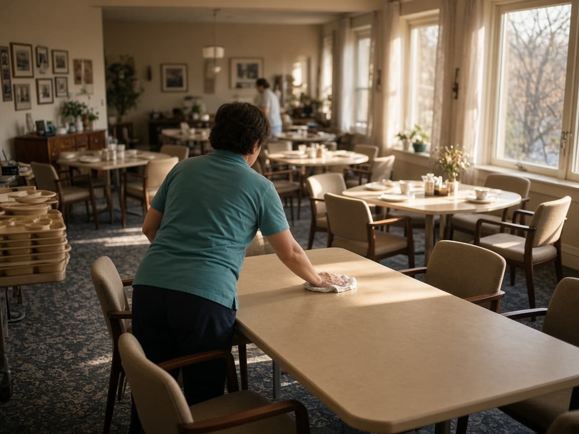 A dining room being reset after the meal