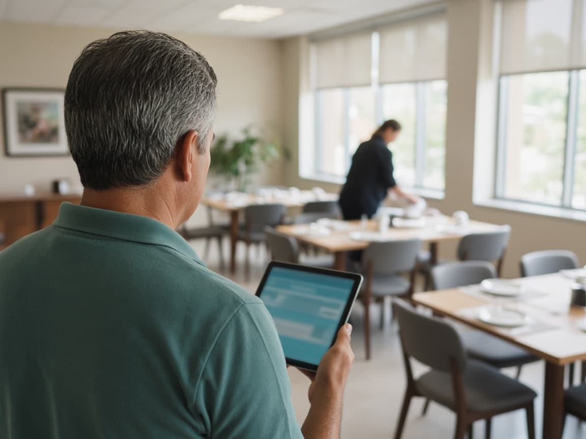 A supervisor checking a tablet in the dining room